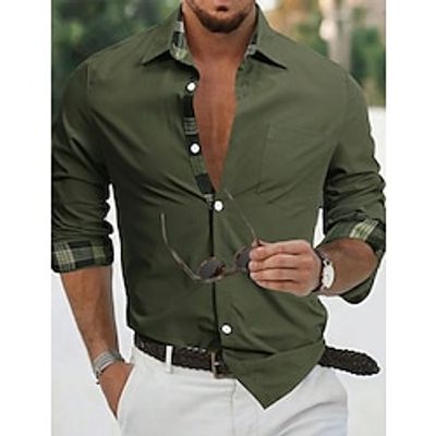 Men's Shirt Button Up Shirt Casual Shirt Army Green Long Sleeve Plaid Color Block Lapel Daily Vacation Patchwork Clothing Apparel Fashion Casual Comfortable Lightinthebox
