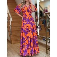 Women's Long Dress Maxi Dress Casual Dress A Line Dress Print Dress Leaf Fashion Streetwear Outdoor Daily Weekend Print Short Sleeve V Neck Dress Regular Fit Orange Summer Spring S M L XL XXL Lightinthebox - thumbnail