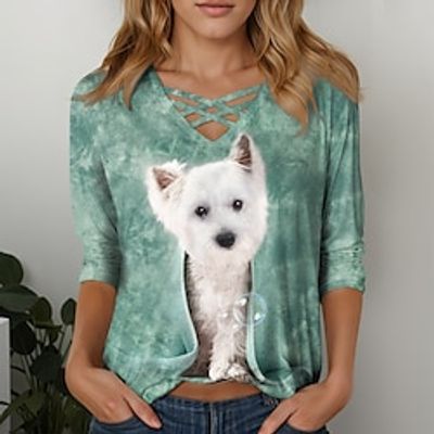 Women's T shirt Tee Dog Casual Pink Blue Green Print Long Sleeve Fashion V Neck Regular Fit Spring   Fall Lightinthebox
