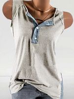Round Neck Single Breasted Color Block Sleeveless T-Shirts - thumbnail