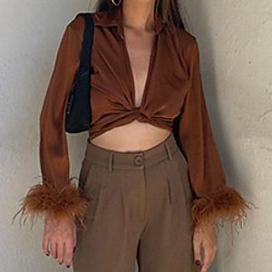 Women's Crop Top Blouse Shirt Plain Knotted V Neck Casual Streetwear Tops Brown Lightinthebox