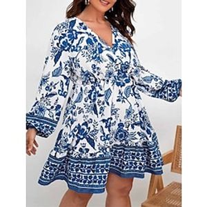 Women's Plus Size Casual Dress Boho Dress Floral Mini Dress Long Sleeve Ruffle Print V Neck Fashion Daily Blue Summer Spring L XL XXL 3XL 4XL Lightinthebox