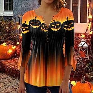 Women's Shirt Blouse T shirt Tee Orange Pumpkin Button Print Long Sleeve Halloween Casual Basic Round Neck Regular Floral Painting S miniinthebox