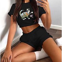 Women's Basic Streetwear Cat Butterfly Animal Vacation Casual / Daily Two Piece Set Crop Top Tracksuit T shirt Loungewear Shorts Drawstring Print Tops miniinthebox - thumbnail