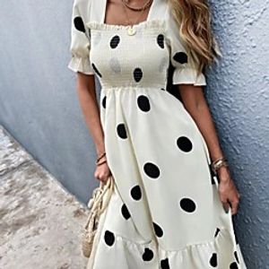 Women's A Line Dress Short Mini Dress Creamy-white Short Sleeve Pattern Summer Casual 2021 S M L miniinthebox