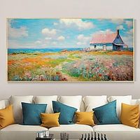 Hand painted Morden Abstract Cottage Country Oil Painting Field Cottage Wheat Fields Vintage Wildflowers Lakeside Handmade Painting Modern Rolled Canvas (No Frame) Lightinthebox