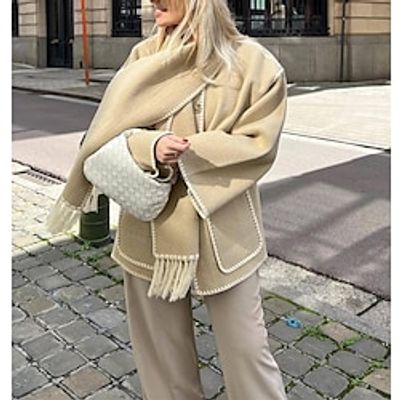 Women's Embroidered Scarf Jacket Wool Blend Coat with Crocheted Edges Thermal Warm Pea Coat with Patch Pockets Winter Overcoat with Tassels Single Breasted Fall Oversized Loose Fit Cream Outerwear Lightinthebox