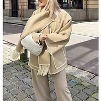 Women's Embroidered Scarf Jacket Wool Blend Coat with Crocheted Edges Thermal Warm Pea Coat with Patch Pockets Winter Overcoat with Tassels Single Breasted Fall Oversized Loose Fit Cream Outerwear Lightinthebox - thumbnail