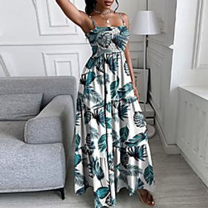 Women's Swing Dress Maxi long Dress White Black Purple Light Green Dark Green Orange Sleeveless Print Smocked Print Spring Summer Spaghetti Strap Stylish Casual 2022 S M L XL Lightinthebox