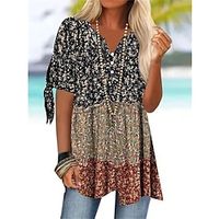 Women's T shirt Tee Black Orange Brown Floral Button Cut Out Short Sleeve Casual Holiday Streetwear V Neck Regular Floral S miniinthebox - thumbnail