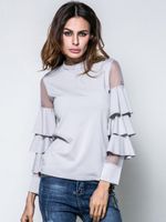 Sexy Lace Hollowed Out Ruffled Long Sleeve Women Blouses