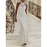 Hall Formal Wedding Dresses Mermaid  Trumpet Halter Neck Sleeveless Court Train Lace Bridal Gowns With Pleats Solid Color 2023 Lightinthebox - thumbnail