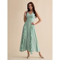 Chiffon Prom Flowy Ruffle V Neck Maxi Dress