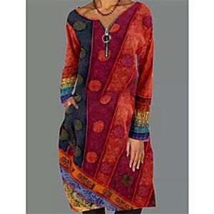 Women's Shift Dress Knee Length Dress Blue Red Long Sleeve Print Color Block Zipper Pocket Patchwork Fall Spring V Neck Casual Going out 2021 S M L XL XXL 3XL / Plus Size / Plus Size miniinthebox