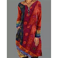 Women's Shift Dress Knee Length Dress Blue Red Long Sleeve Print Color Block Zipper Pocket Patchwork Fall Spring V Neck Casual Going out 2021 S M L XL XXL 3XL / Plus Size / Plus Size miniinthebox - thumbnail