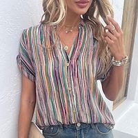 Women's Shirt Blouse Rainbow Striped Button Print Short Sleeve Casual Basic V Neck Regular S miniinthebox - thumbnail