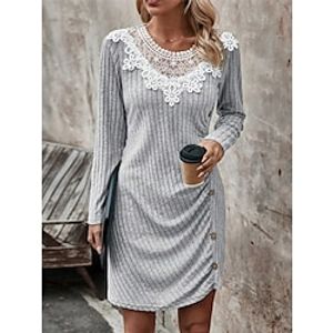 Women's Casual Dress Sheath Dress Plain Dress Mini Dress Lace Patchwork Street Holiday Date Streetwear Crew Neck Long Sleeve Loose Fit Gray Color S M L XL XXL Size Lightinthebox