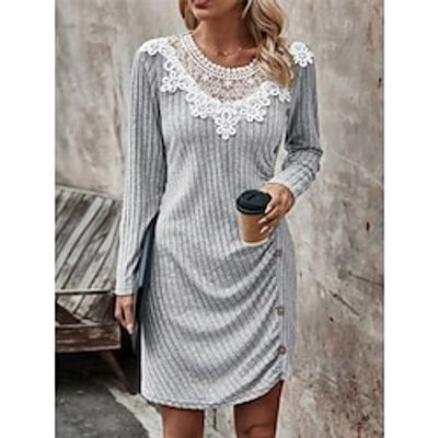 Women's Casual Dress Sheath Dress Plain Dress Mini Dress Lace Patchwork Street Holiday Date Streetwear Crew Neck Long Sleeve Loose Fit Gray Color S M L XL XXL Size Lightinthebox