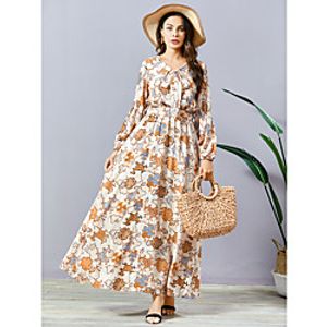 Women's Swing Dress Maxi long Dress Apricot Long Sleeve Print Fall Spring Casual / Daily 2021 M L XL XXL miniinthebox