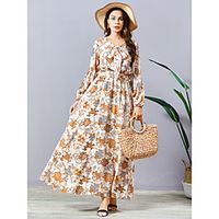 Women's Swing Dress Maxi long Dress Apricot Long Sleeve Print Fall Spring Casual / Daily 2021 M L XL XXL miniinthebox - thumbnail