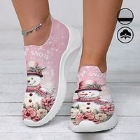 Women's Sneakers Slip-Ons Print Shoes Xmas Shoes Plus Size Outdoor Christmas New Year Floral Snowman Summer Winter Flat Heel Round Toe Closed Toe Fashion Casual Tissage Volant Loafer Pink Lightinthebox - thumbnail