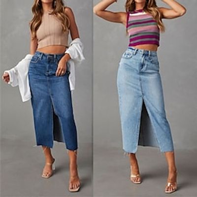 Women's Skirt A Line Denim Midi Skirt Midi Denim Blue Light Blue Skirts Summer Pocket Split Ends Fashion Casual Street Daily S M L Lightinthebox