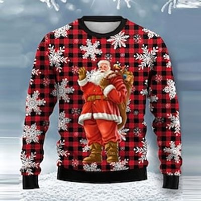 Santa Claus Plaid  Check Snowflake Casual Men's Knitting Print Ugly Christmas Sweater Pullover Sweater Jumper Knitwear Outdoor Daily Vacation Christmas Long Sleeve Crewneck Sweaters Wine Blue Green Lightinthebox