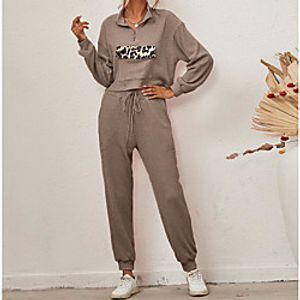 Women's Loungewear Sets Home Daily Wear Basic Leopard Cotton Blend Casual Hoodie Pant Fall Winter Lapel Long Sleeve Zipper Lightinthebox