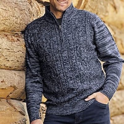 Men's Pullover Sweater Jumper Sweater Top Knit Sweater Jumper Ribbed Cable Knit Regular Knitted Quarter Zip Plain Stand Collar Modern Contemporary Work Daily Wear Clothing Apparel Winter Blue Khaki M Lightinthebox