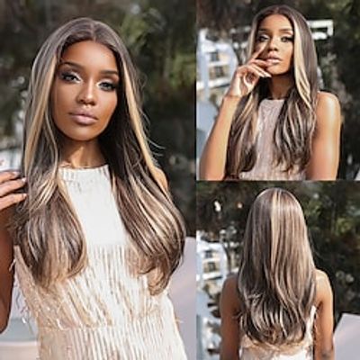 Synthetic Lace Wig kinky Straight Style 26 inch Brown Middle Part 13x1 Lace Front Wig Women's Wig Brown Lightinthebox