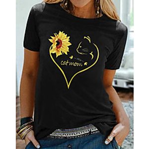 Women's T shirt Floral Heart Text Print Round Neck Tops 100% Cotton Basic Basic Top White Black miniinthebox