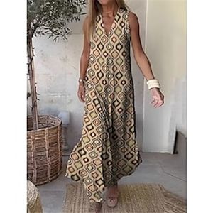 Women's Casual Dress Tank Dress Geometric Color Block Print V Neck Long Dress Maxi Dress Streetwear Maxi Street Holiday Sleeveless Loose Fit Khaki Summer S M L XL 2XL Lightinthebox