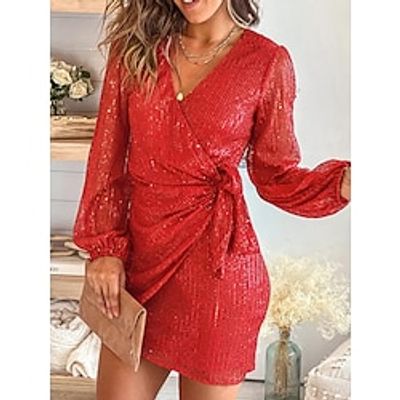 Women's Sequin Dress Party Dress Cocktail Dress Mini Dress Red Long Sleeve Pure Color Lace up Spring Fall Winter V Neck Fashion Winter Dress Christmas Vacation 2023 S M L XL XXL 3XL Lightinthebox