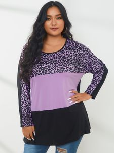 YOINS Plus Size Patchwork Leopard Long Sleeves Tee