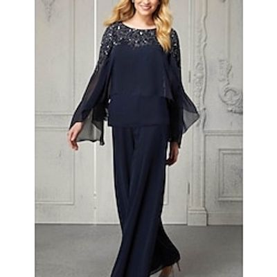 Jumpsuits Mother of the Bride Dress Wedding Guest Elegant Scoop Neck Ankle Length Chiffon Long Sleeve with Lace Sequin 2023 Lightinthebox