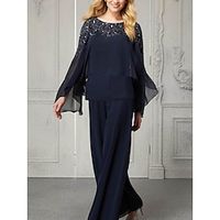 Jumpsuits Mother of the Bride Dress Wedding Guest Elegant Scoop Neck Ankle Length Chiffon Long Sleeve with Lace Sequin 2023 Lightinthebox - thumbnail