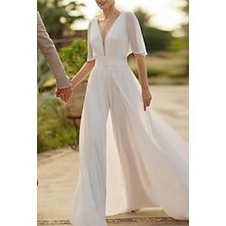 Wedding Dresses Jumpsuits Off Shoulder V Neck Half Sleeve Sweep / Brush Train Chiffon Bridal Gowns With Pleats Ruched 2024 Lightinthebox