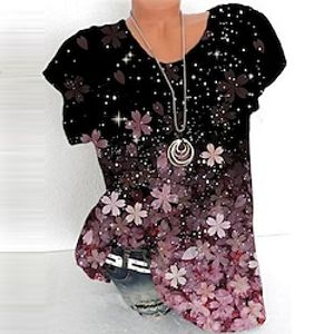 Women's Plus Size Curve Tops T shirt Floral Print Short Sleeve Crewneck Streetwear Daily Sports Cotton Spandex Jersey Spring Summer Black Lightinthebox