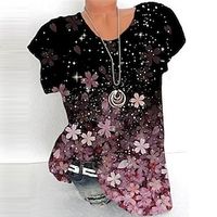 Women's Plus Size Curve Tops T shirt Floral Print Short Sleeve Crewneck Streetwear Daily Sports Cotton Spandex Jersey Spring Summer Black Lightinthebox - thumbnail