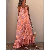 Women's Sundress Tie Dye Cold Shoulder Halter Neck Long Dress Maxi Dress Hawaiian Holiday Beach Sleeveless Loose Fit Orange Summer S M L XL XXL Lightinthebox