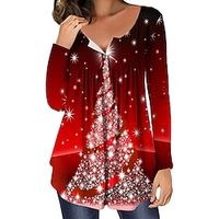 Women's Shirt Black Blue Yellow Christmas Tree Button Flowing tunic Long Sleeve Christmas Weekend Streetwear Christmas Round Neck Regular S Lightinthebox - thumbnail