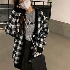 Women's Cardigan Sweater Jumper Waffle Knit Hollow Out Button Plaid V Neck Casual Daily Weekend Winter Fall Black Coffee One-Size miniinthebox