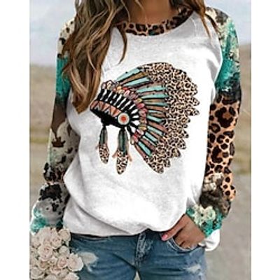 Women's Sweatshirt Vintage Ethnic Gray Leopard Tribal Home Round Neck Long Sleeve S M L XL 2XL 3XL Lightinthebox