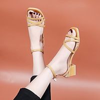 Women's Sandals Block Heel Peep Toe PU Button Solid Colored Almond Black Yellow miniinthebox - thumbnail