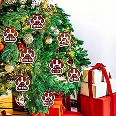 12pcsChristmas Dog Paw Wooden Ornaments Dog Ornaments For Christmas Tree Wooden Dog Paw Print Hanging Wood Dog Decoration With Bow Ties Ropes For Christmas Holiday Festival Decor miniinthebox