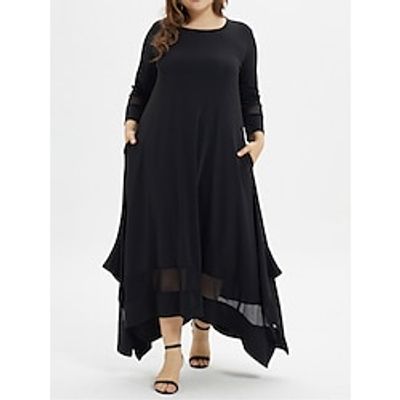 Women's Plus Size Black Dress Prom Dress Party Dress Long Dress Maxi Dress Black Long Sleeve Pure Color Mesh Spring Fall Winter Crew Neck Fashion Winter Dress Wedding Guest Evening Party XL XXL 3XL Lightinthebox