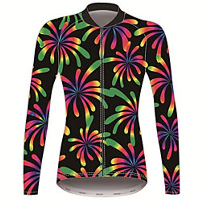21Grams Floral Botanical Women's Long Sleeve Cycling Jersey - Black / Orange Bike Jersey Top Thermal Warm UV Resistant Anatomic Design Sports Winter Fleece 100% Polyester Mountain Bike MTB Road Bike miniinthebox
