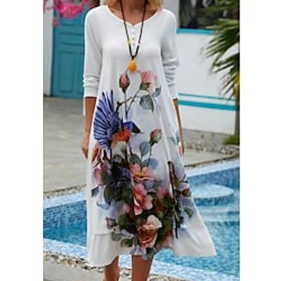 Women's A Line Dress Midi Dress White 34 Length Sleeve Floral Animal Ruched Print Spring Summer V Neck Casual Modern 2022 S M L XL XXL 3XL Lightinthebox