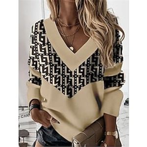 Women's Sweatshirt Blue Brown White V Neck Geometric Patchwork Print Casual Daily 3D Print Sportswear Casual Spring Fall  Winter Clothing Apparel Hoodies Sweatshirts  Loose Fit Lightinthebox