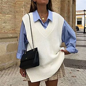 Women's Vest Split Knitted Pure Color Stylish Basic Casual Sleeveless Sweater Cardigans V Neck Spring Summer Khaki Yellow Beige Lightinthebox